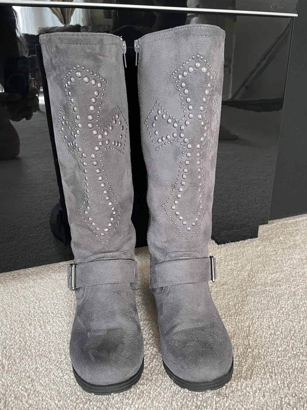 Women's Gray Studded Suede Knee-High Boots
